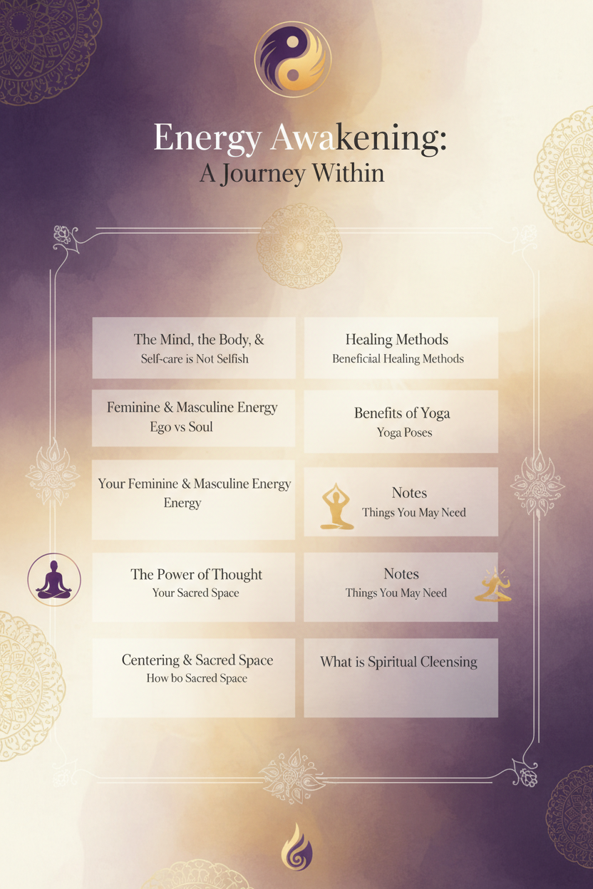 create me a informational page for yin and flame energy awakening book using his info •	The Mind, the Body, & the Soul
	•	Self-care is Not Selfish
	•	Ego vs. Soul
	•	Feminine & Masculine Energy
	•	Your Feminine & Masculine Energy
	•	The Power of Thought
	•	Creating a Sacred Space
	•	Your Sacred Space
	•	Centering & Grounding
	•	How to Center & Ground Yourself
	•	Healing Methods
	•	Beneficial Healing Methods
	•	Benefits of Yoga
	•	Yoga Poses
	•	Notes
	•	Things You May Need
	•	What is Spiritual Cleansing
	